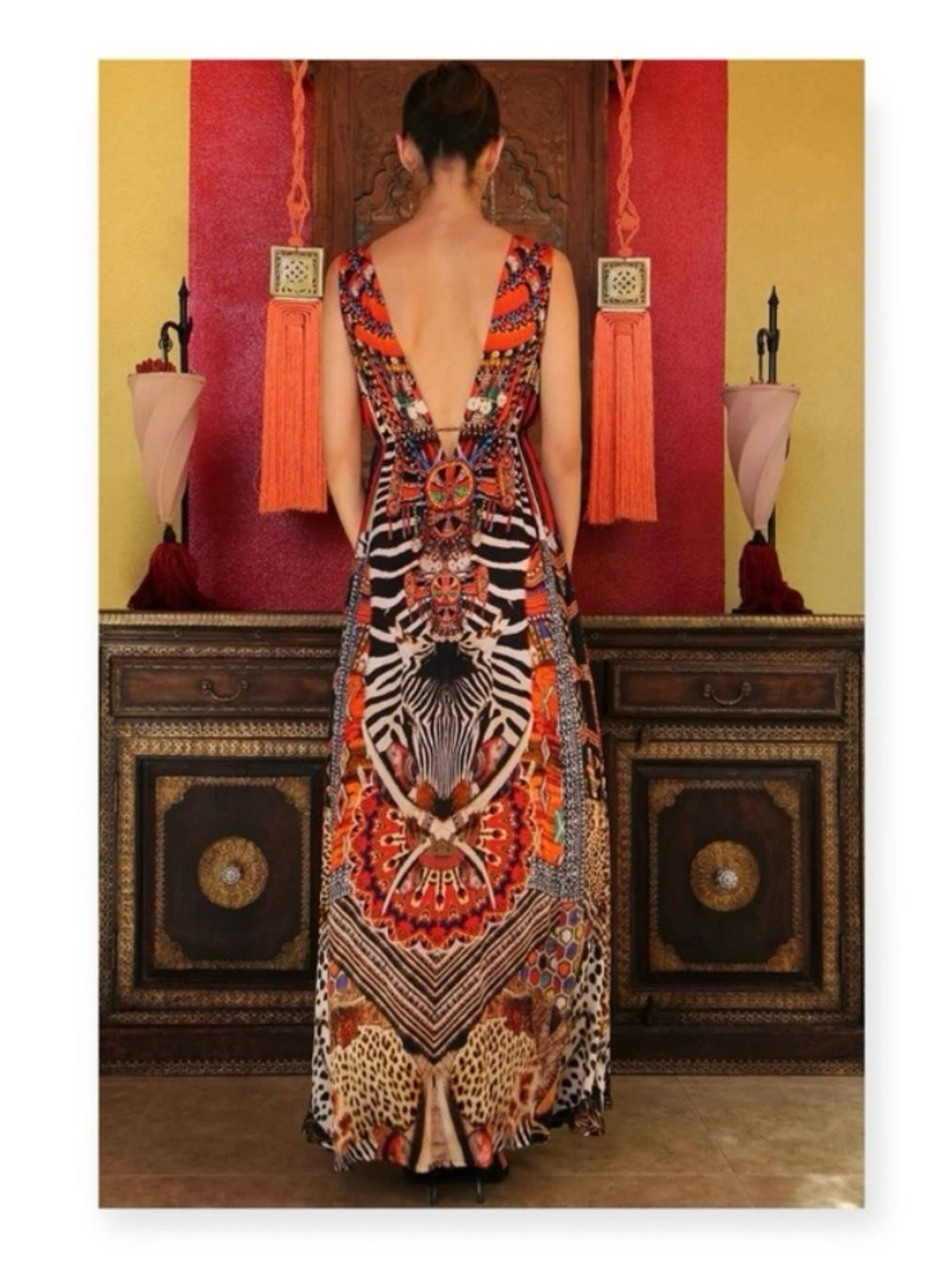 new Shahida Parides 𒀭 RHOBH Silk Crystal Tribal Print Maxi Dress 𒀭 Orange 00-12 - Picture 14 of 16